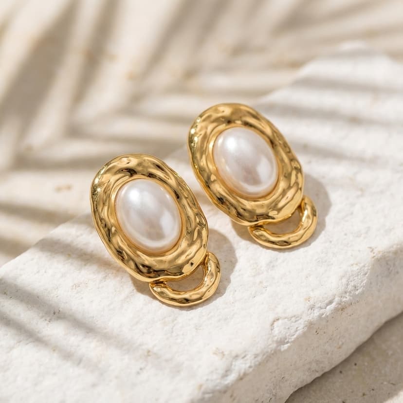 Vintage Dokulu İncili Oval Küpe