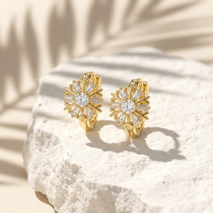 Baget Taşlı Kar Tanesi Motifli Halka Küpe