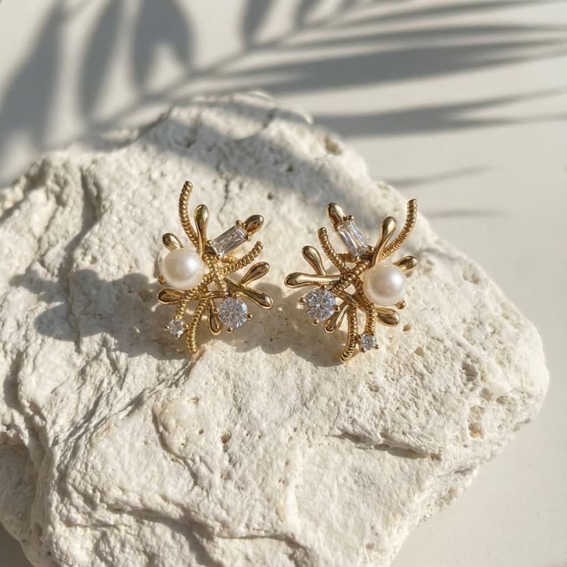 İnci ve Zirkon Taşlı Mercan Tasarım Küpe