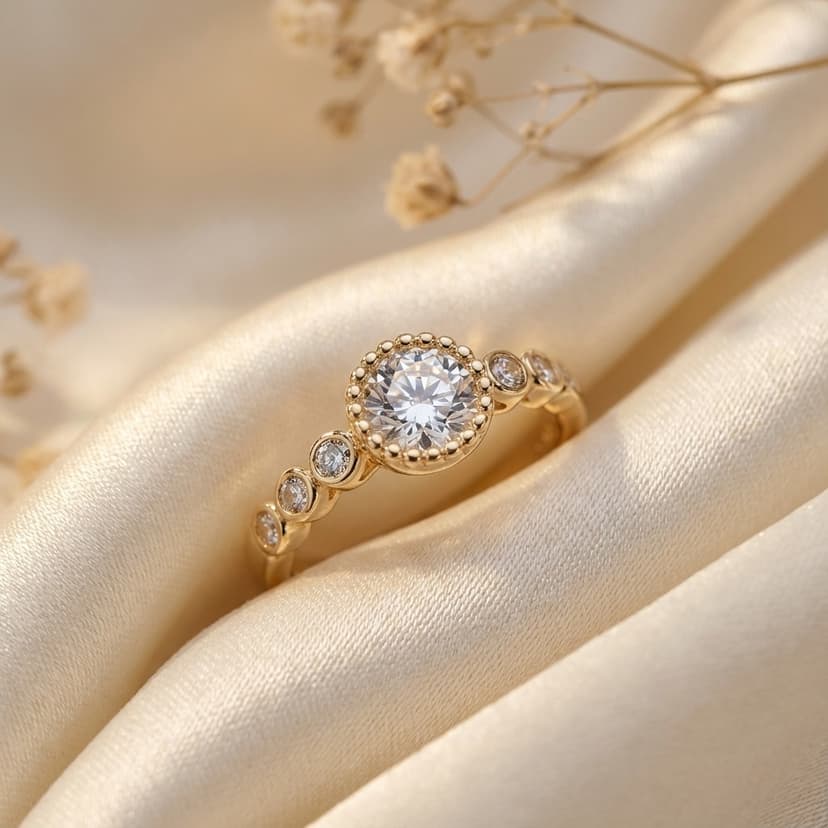 Vintage Esintili Milgrain Çerçeveli Tektaş Yüzük