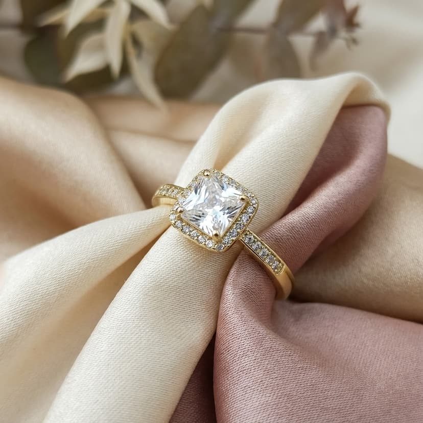 Kare Halo Montürlü ve Sıra Taşlı Tektaş Yüzük