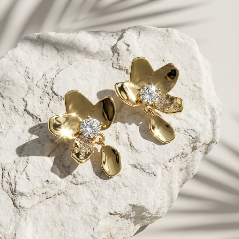 Sallantılı Yaprak Detaylı ve Taşlı Çiçek Küpe